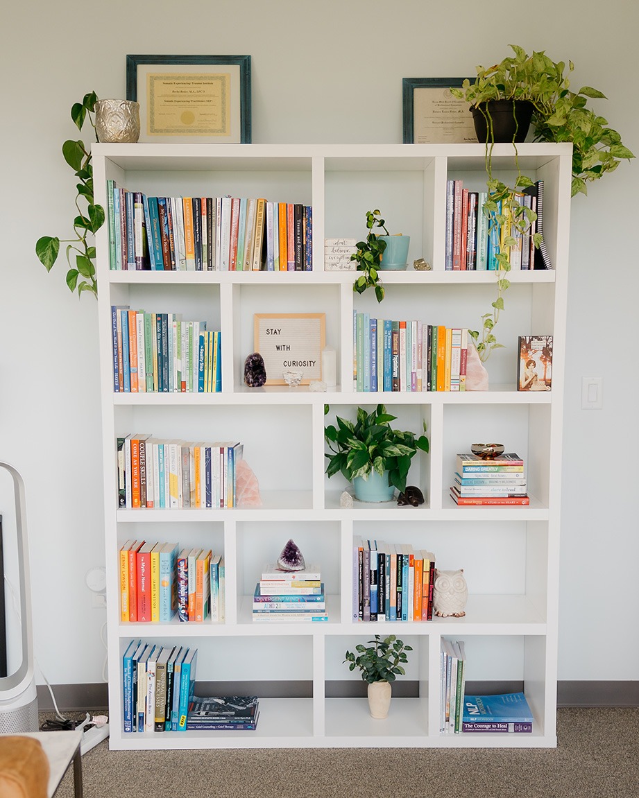 Bookcase and plant in Becky Reiter's therapy office in Houston