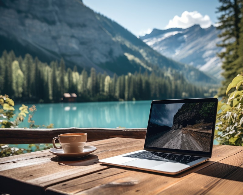 religious trauma therapy laptop sitting on table on porch overlooking mountain lake with mountains in background.