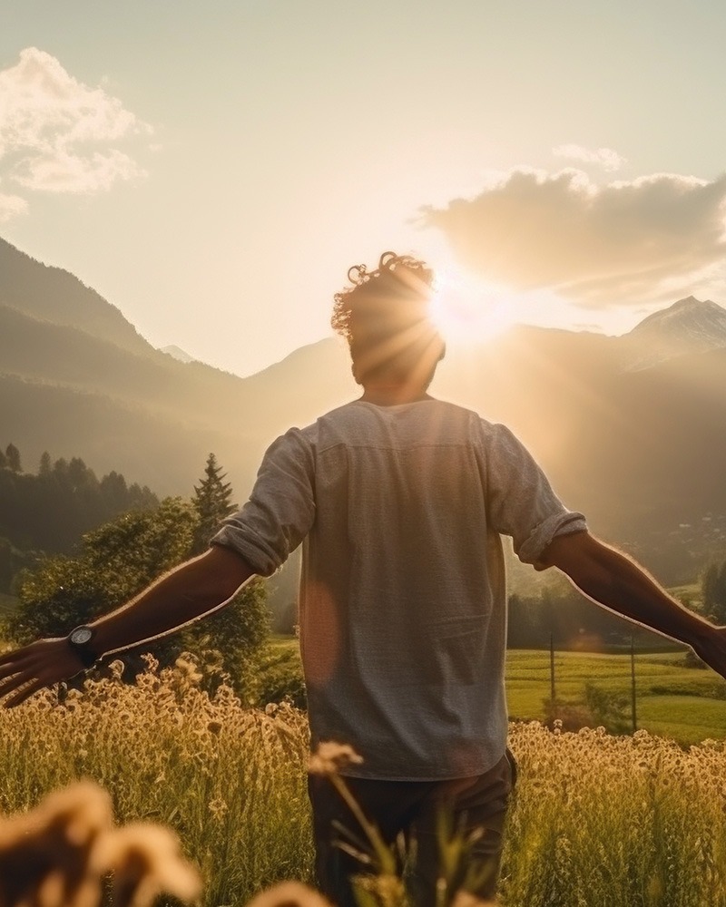 Person with outstretched arms in the sunlight breaking free from religious trauma